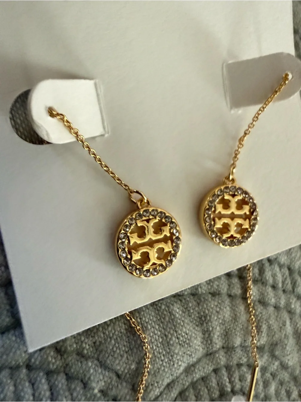 Tory Burch Gold Icon Pavé Diamond Threader earrings dangles